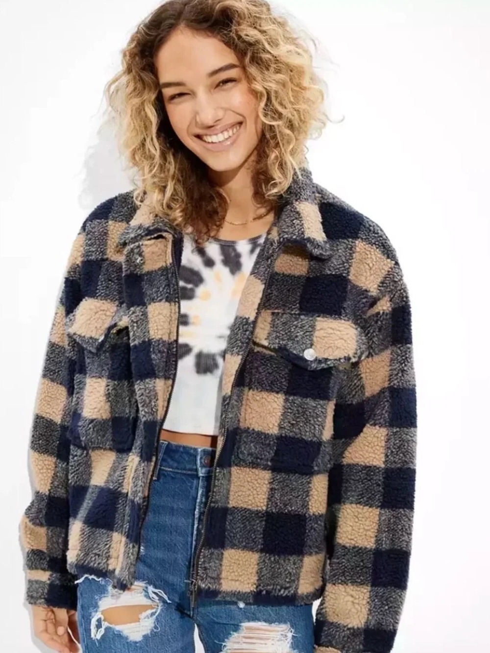 American Eagle Outfitters Navy & Tan Plaid Sherpa Jacket